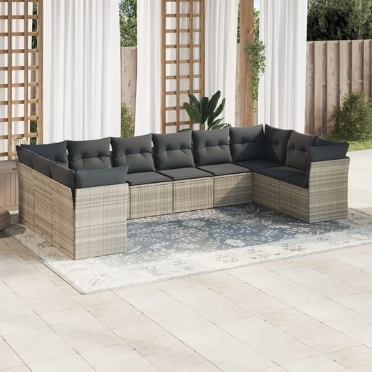 10-tlg. Garten-Sofagarnitur mit Kissen Hellgrau Poly Rattan