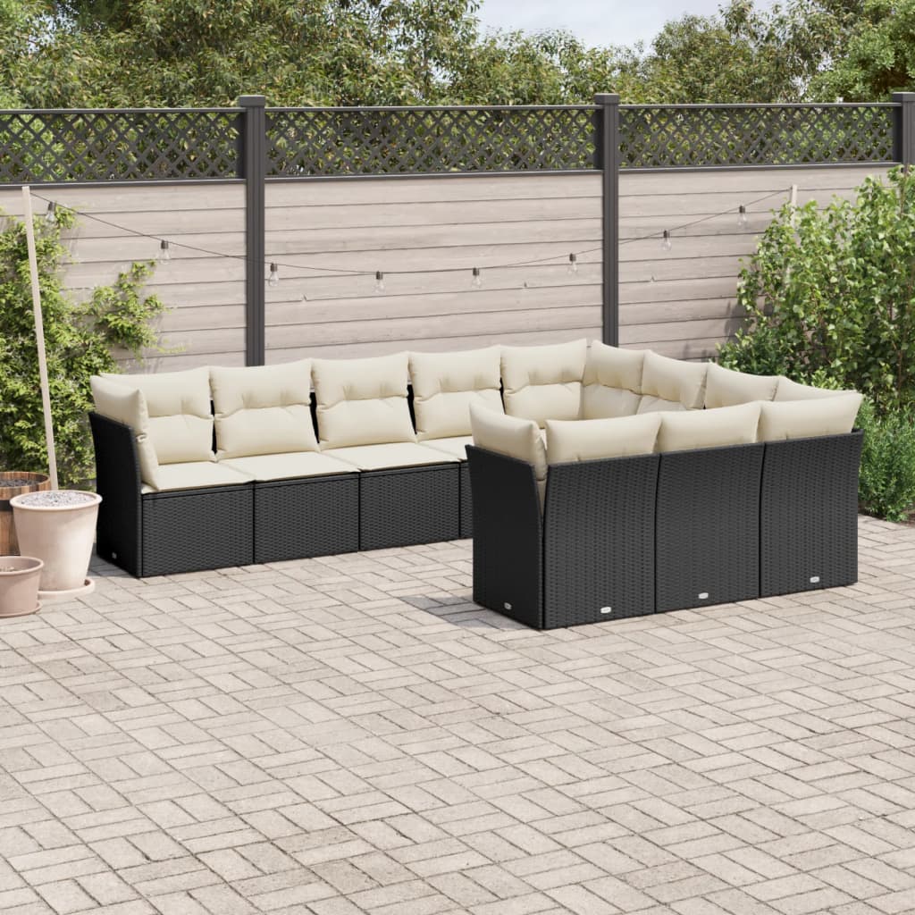 10-tlg. Garten-Sofagarnitur mit Kissen Schwarz Poly Rattan