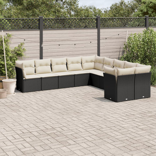 10-tlg. Garten-Sofagarnitur mit Kissen Schwarz Poly Rattan