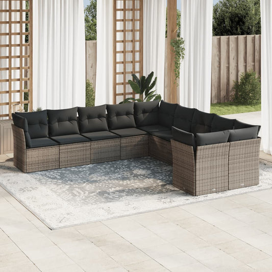 10-tlg. Garten-Sofagarnitur mit Kissen Grau Poly Rattan