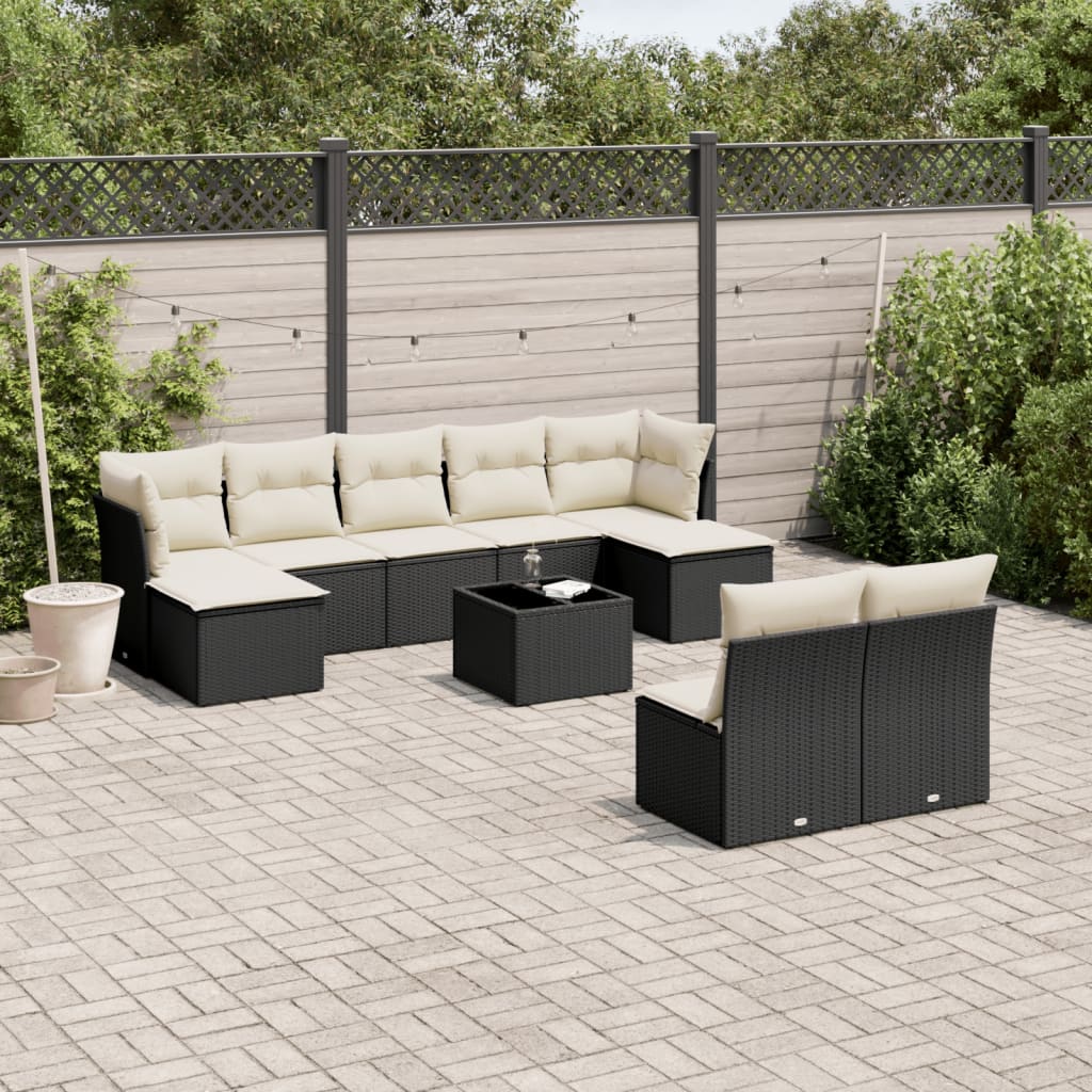 10-tlg. Garten-Sofagarnitur mit Kissen Schwarz Poly Rattan