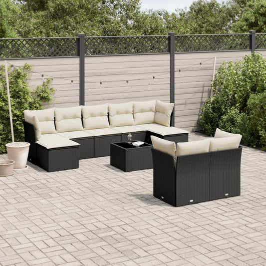 10-tlg. Garten-Sofagarnitur mit Kissen Schwarz Poly Rattan