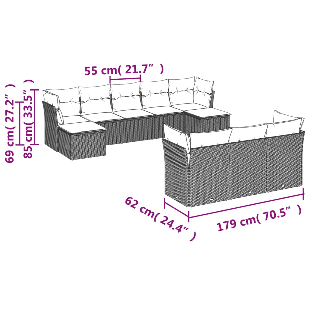 10-tlg. Garten-Sofagarnitur mit Kissen Braun Poly Rattan