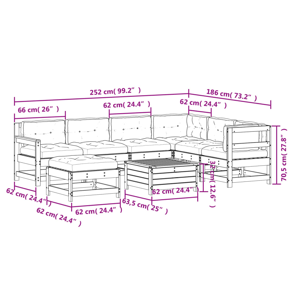 8-tlg. Garten-Lounge-Set mit Kissen Weiß Massivholz Kiefer