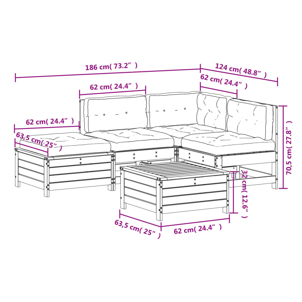 5-tlg. Garten-Lounge-Set mit Kissen Weiß Massivholz Kiefer