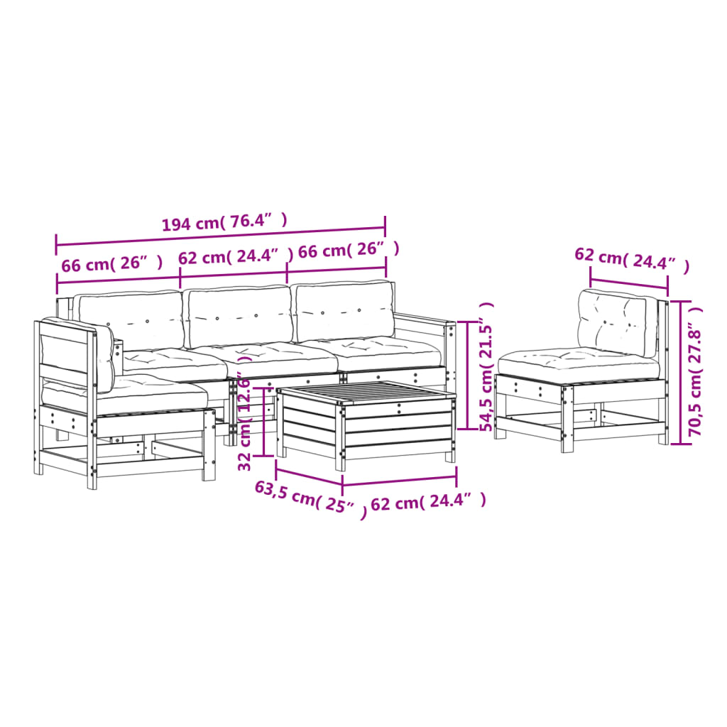 6-tlg. Garten-Lounge-Set mit Kissen Massivholz Kiefer