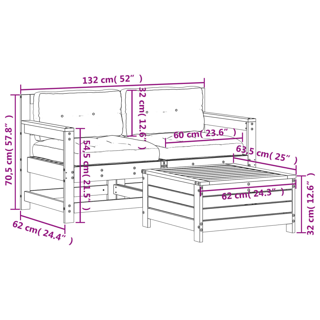 3-tlg. Garten-Lounge-Set mit Kissen Massivholz Kiefer