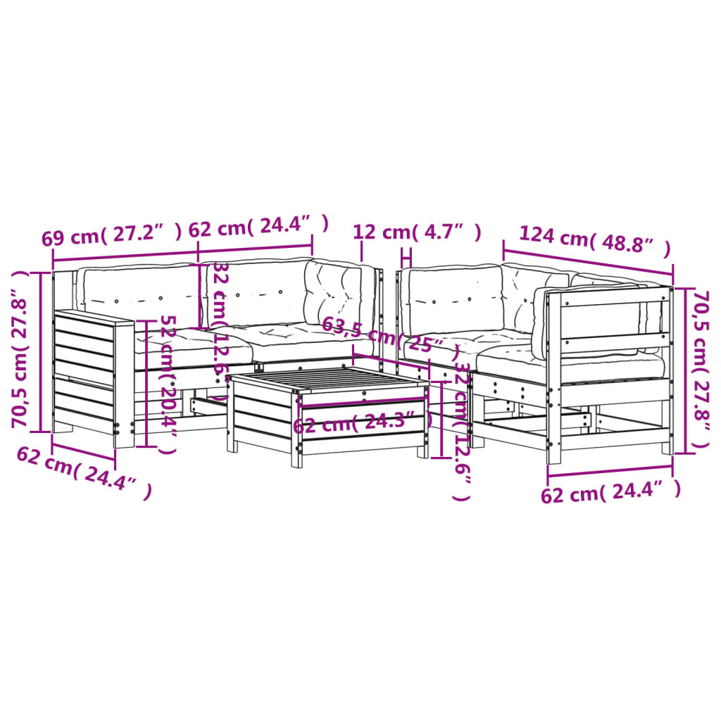 5-tlg. Garten-Lounge-Set mit Kissen Weiß Massivholz Kiefer