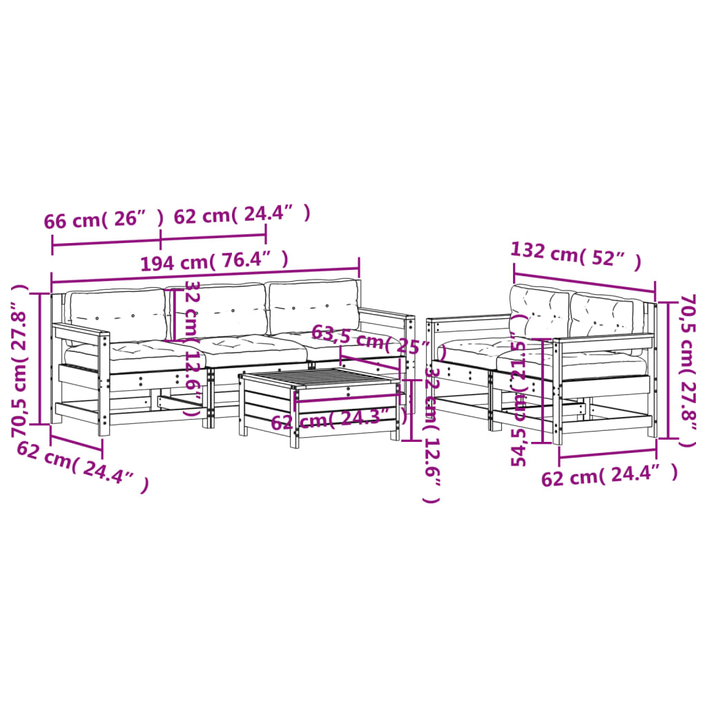 6-tlg. Garten-Lounge-Set mit Kissen Massivholz Kiefer