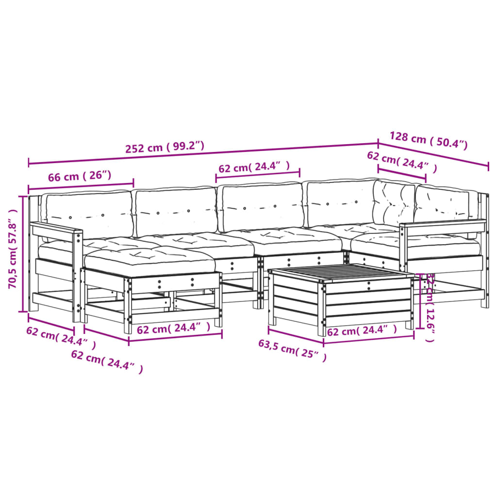 7-tlg. Garten-Lounge-Set mit Kissen Weiß Massivholz Kiefer