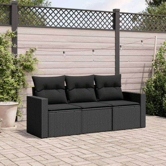 3-tlg. Garten-Sofagarnitur mit Kissen Schwarz Poly Rattan