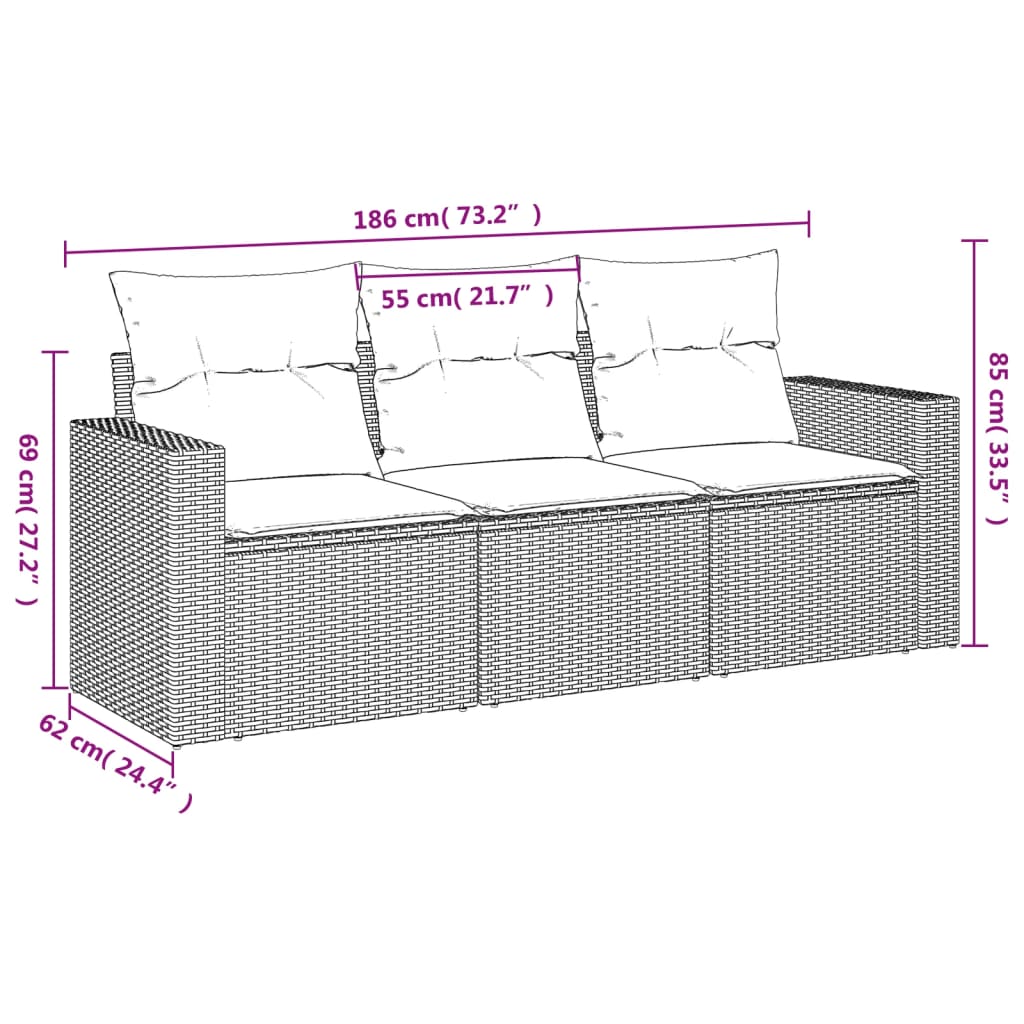 3-tlg. Garten-Sofagarnitur mit Kissen Schwarz Poly Rattan