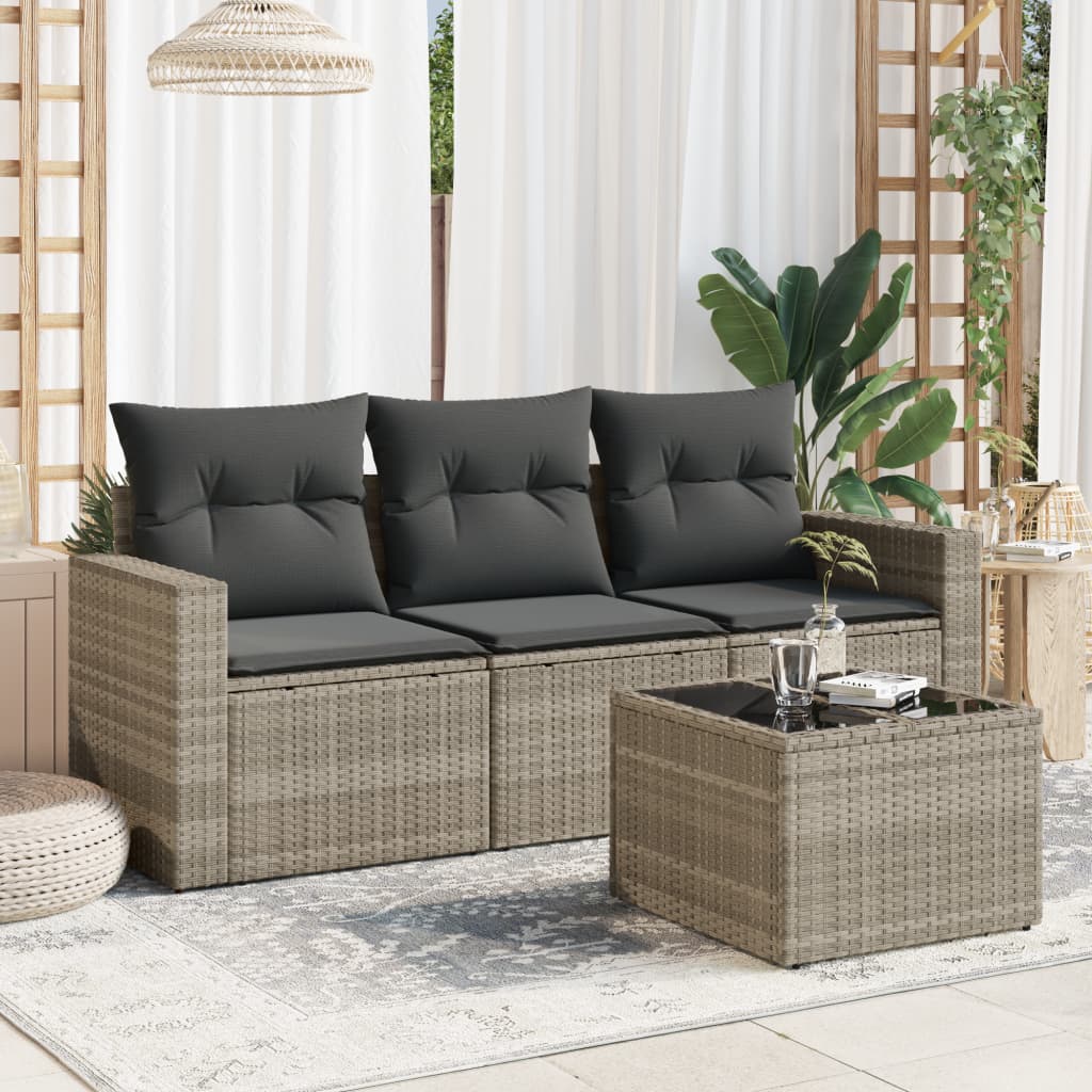 4-tlg. Garten-Sofagarnitur mit Kissen Hellgrau Poly Rattan