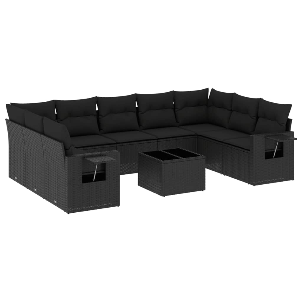 10-tlg. Garten-Sofagarnitur mit Kissen Schwarz Poly Rattan