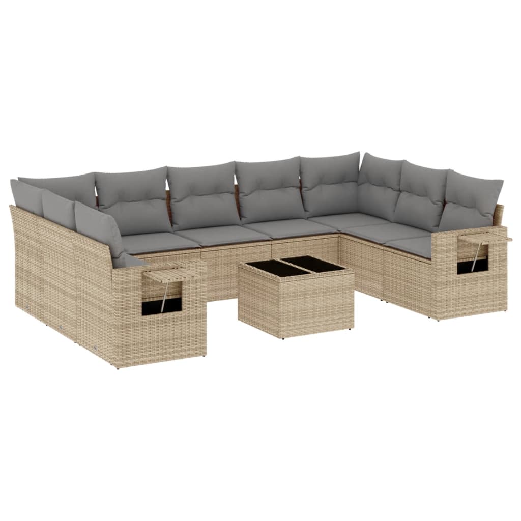 10-tlg. Garten-Sofagarnitur mit Kissen Beige Poly Rattan