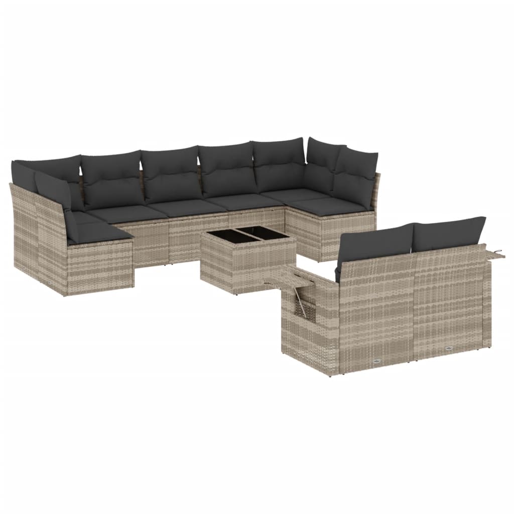 10-tlg. Garten-Sofagarnitur mit Kissen Hellgrau Poly Rattan