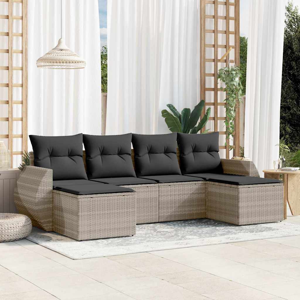 6-tlg. Garten-Sofagarnitur mit Kissen Hellgrau Poly Rattan