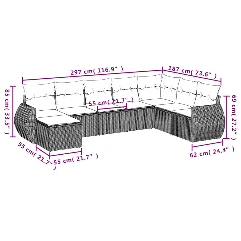 8-tlg. Garten-Sofagarnitur mit Kissen Hellgrau Poly Rattan