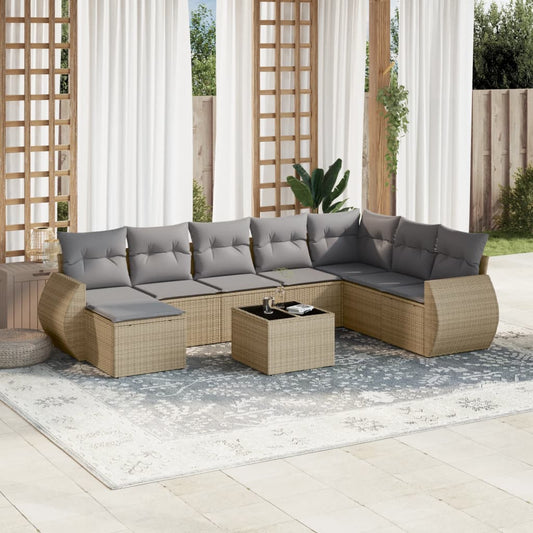 9-tlg. Garten-Sofagarnitur mit Kissen Beige Poly Rattan