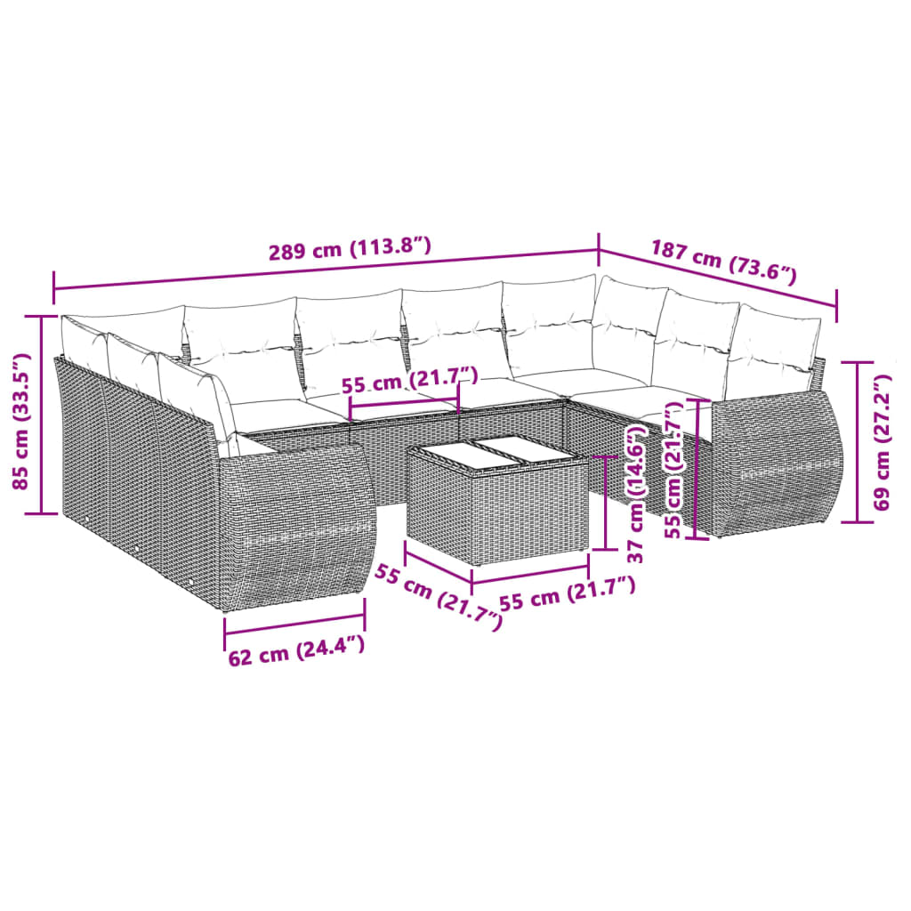 10-tlg. Garten-Sofagarnitur mit Kissen Hellgrau Poly Rattan