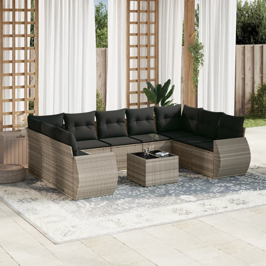 10-tlg. Garten-Sofagarnitur mit Kissen Hellgrau Poly Rattan