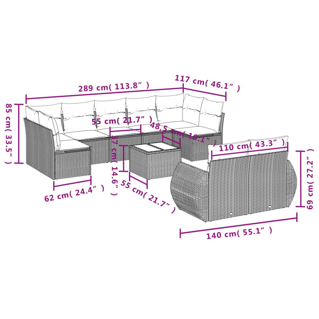 10-tlg. Garten-Sofagarnitur mit Kissen Grau Poly Rattan