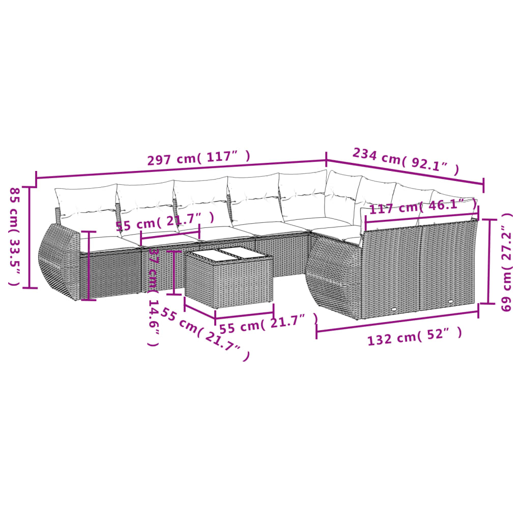 10-tlg. Garten-Sofagarnitur mit Kissen Hellgrau Poly Rattan