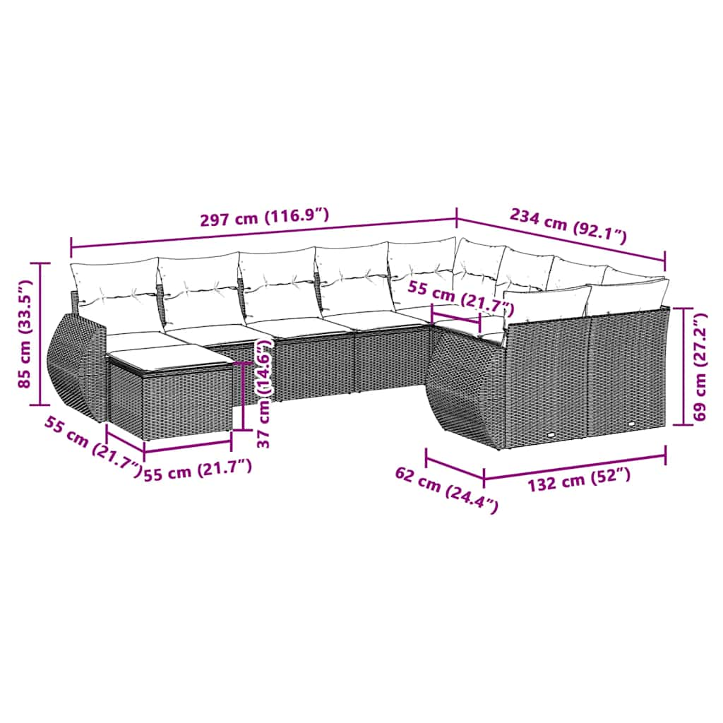 10-tlg. Garten-Sofagarnitur mit Kissen Hellgrau Poly Rattan