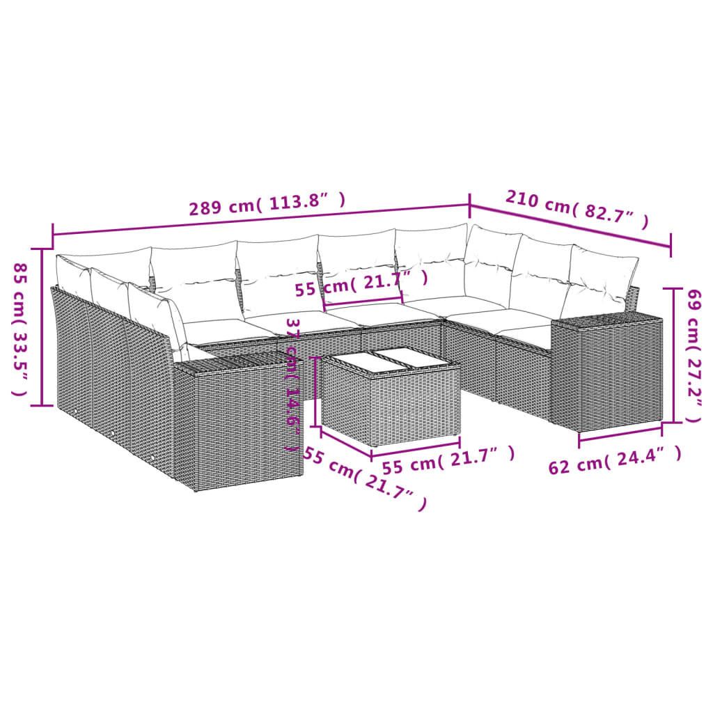 10-tlg. Garten-Sofagarnitur mit Kissen Schwarz Poly Rattan