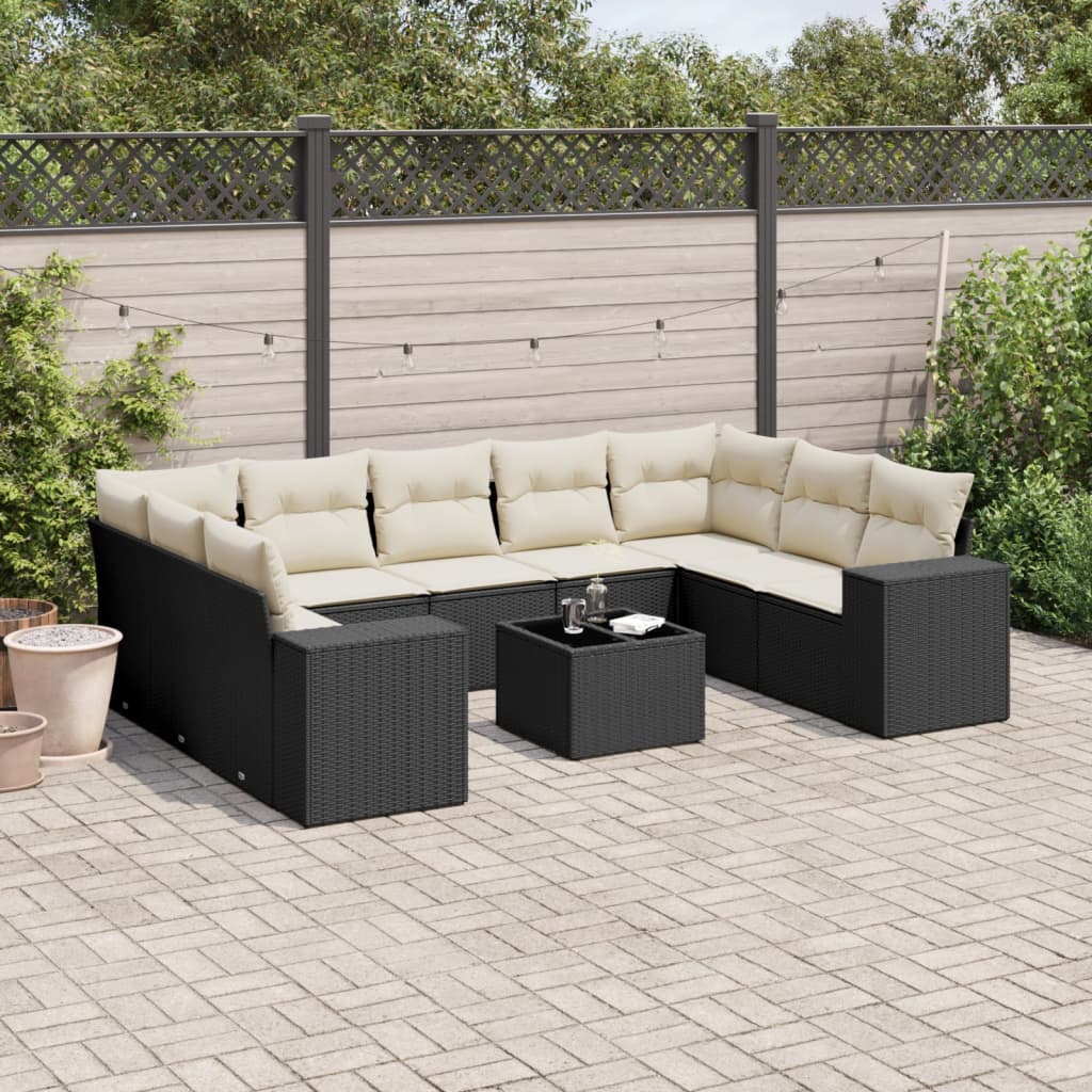 10-tlg. Garten-Sofagarnitur mit Kissen Schwarz Poly Rattan