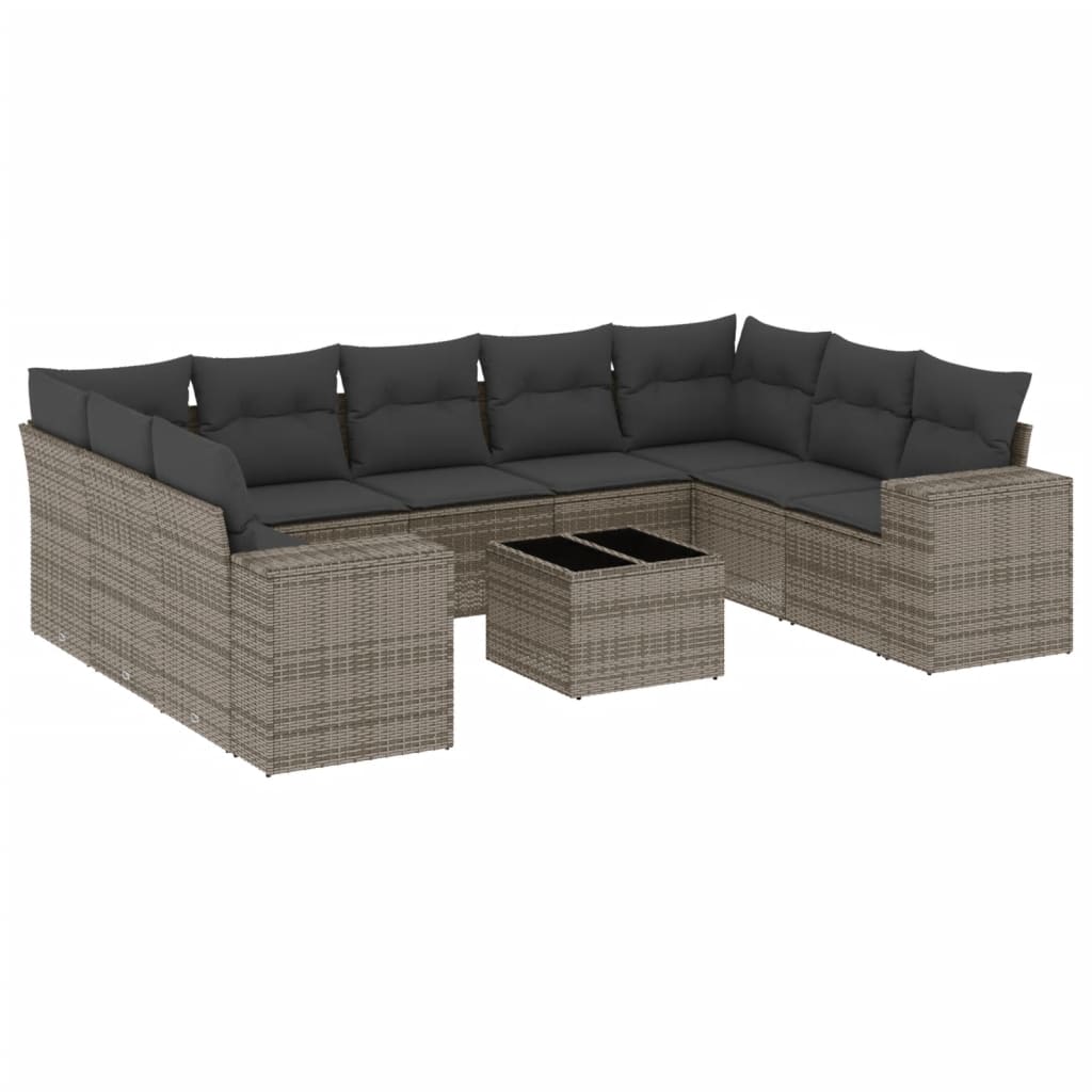 10-tlg. Garten-Sofagarnitur mit Kissen Grau Poly Rattan