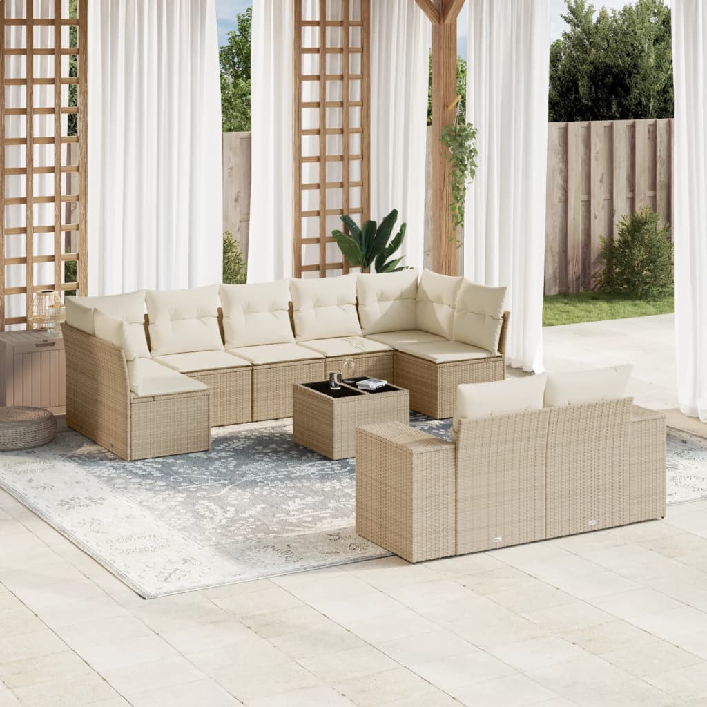 10-tlg. Garten-Sofagarnitur mit Kissen Beige Poly Rattan