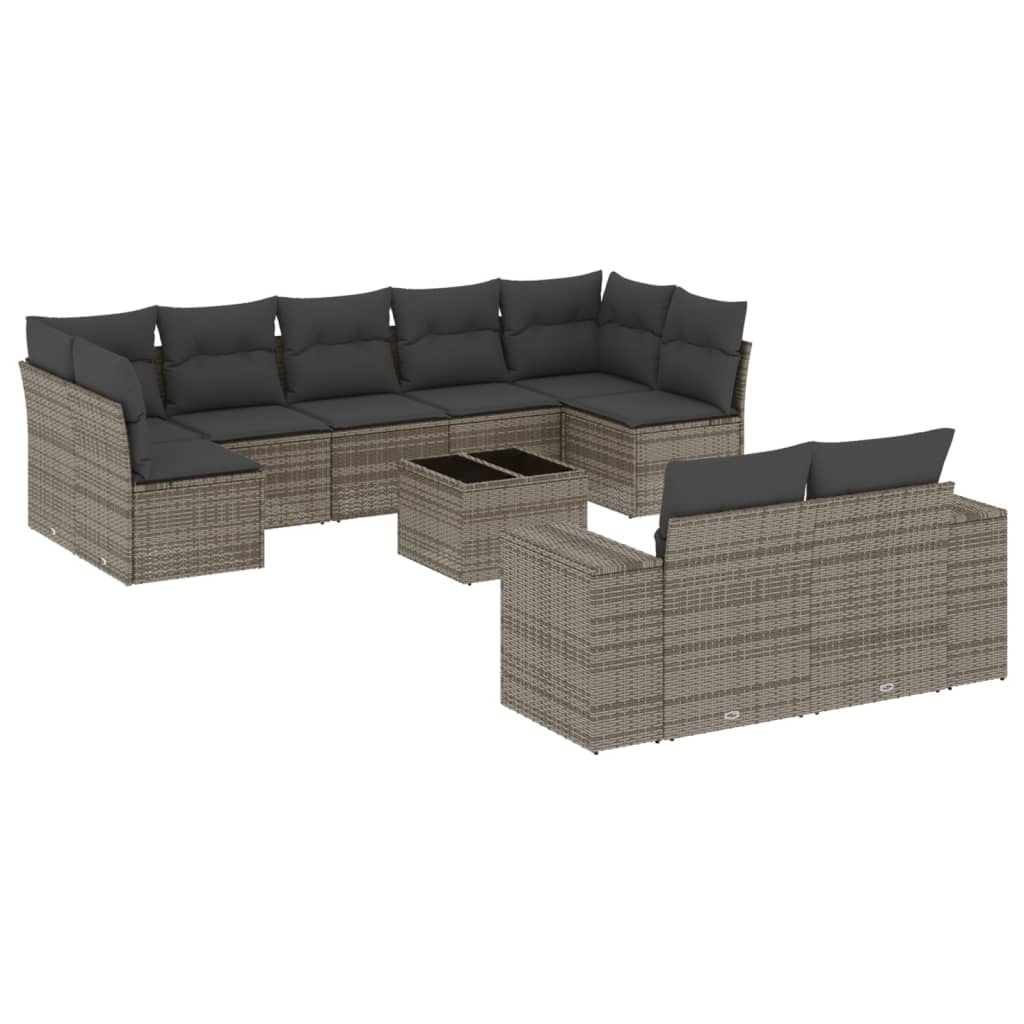 10-tlg. Garten-Sofagarnitur mit Kissen Grau Poly Rattan