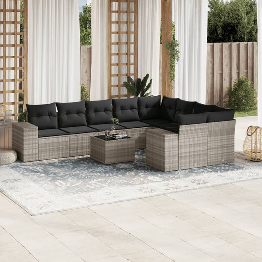 10-tlg. Garten-Sofagarnitur mit Kissen Hellgrau Poly Rattan