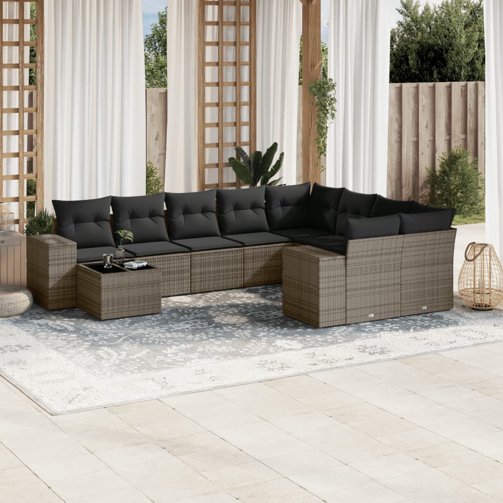 10-tlg. Garten-Sofagarnitur mit Kissen Grau Poly Rattan