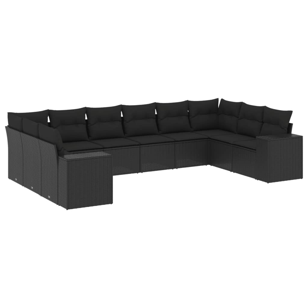 10-tlg. Garten-Sofagarnitur mit Kissen Schwarz Poly Rattan