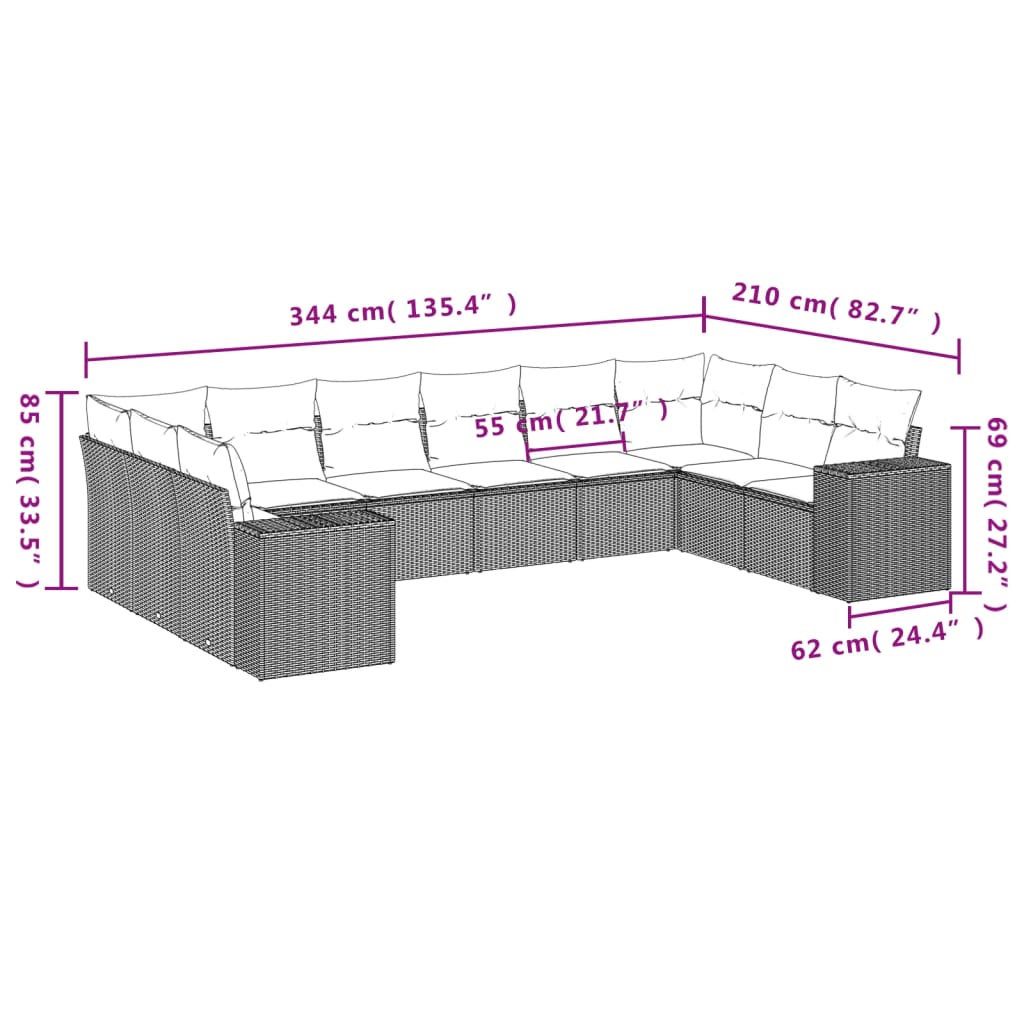 10-tlg. Garten-Sofagarnitur mit Kissen Schwarz Poly Rattan