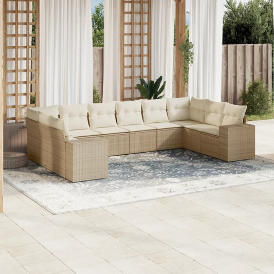 10-tlg. Garten-Sofagarnitur mit Kissen Beige Poly Rattan