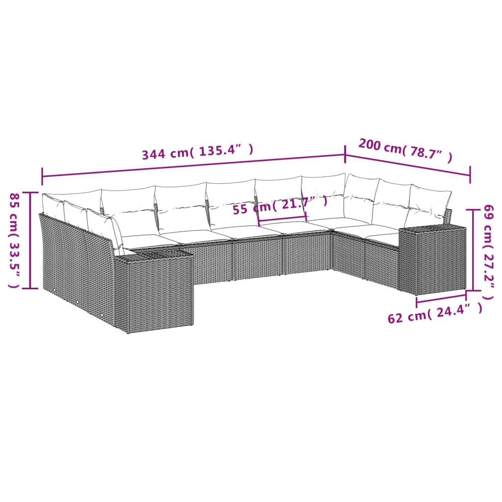 10-tlg. Garten-Sofagarnitur mit Kissen Hellgrau Poly Rattan