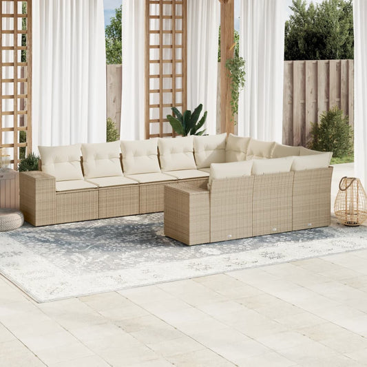 10-tlg. Garten-Sofagarnitur mit Kissen Beige Poly Rattan