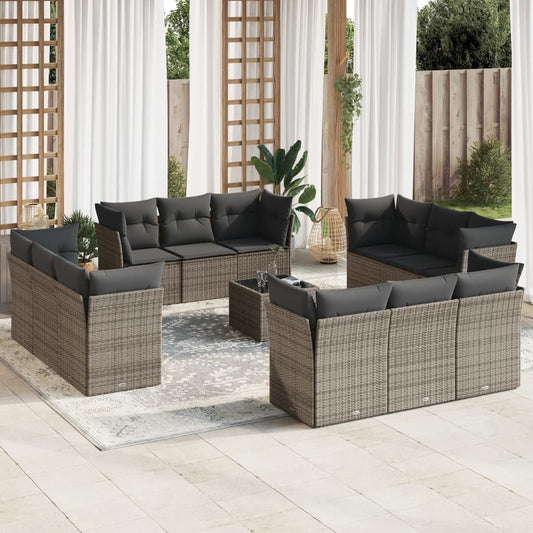 13-tlg. Garten-Sofagarnitur mit Kissen Grau Poly Rattan