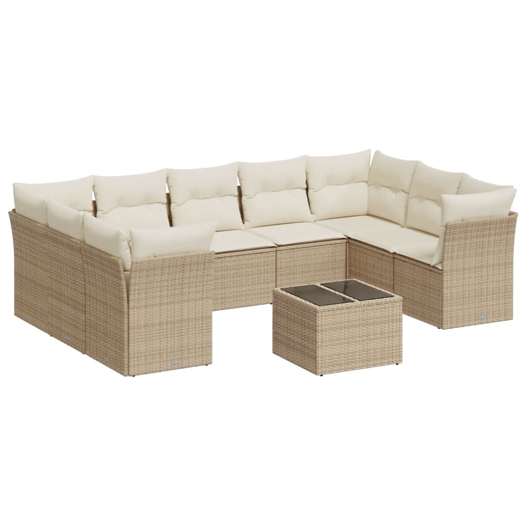 10-tlg. Garten-Sofagarnitur mit Kissen Beige Poly Rattan