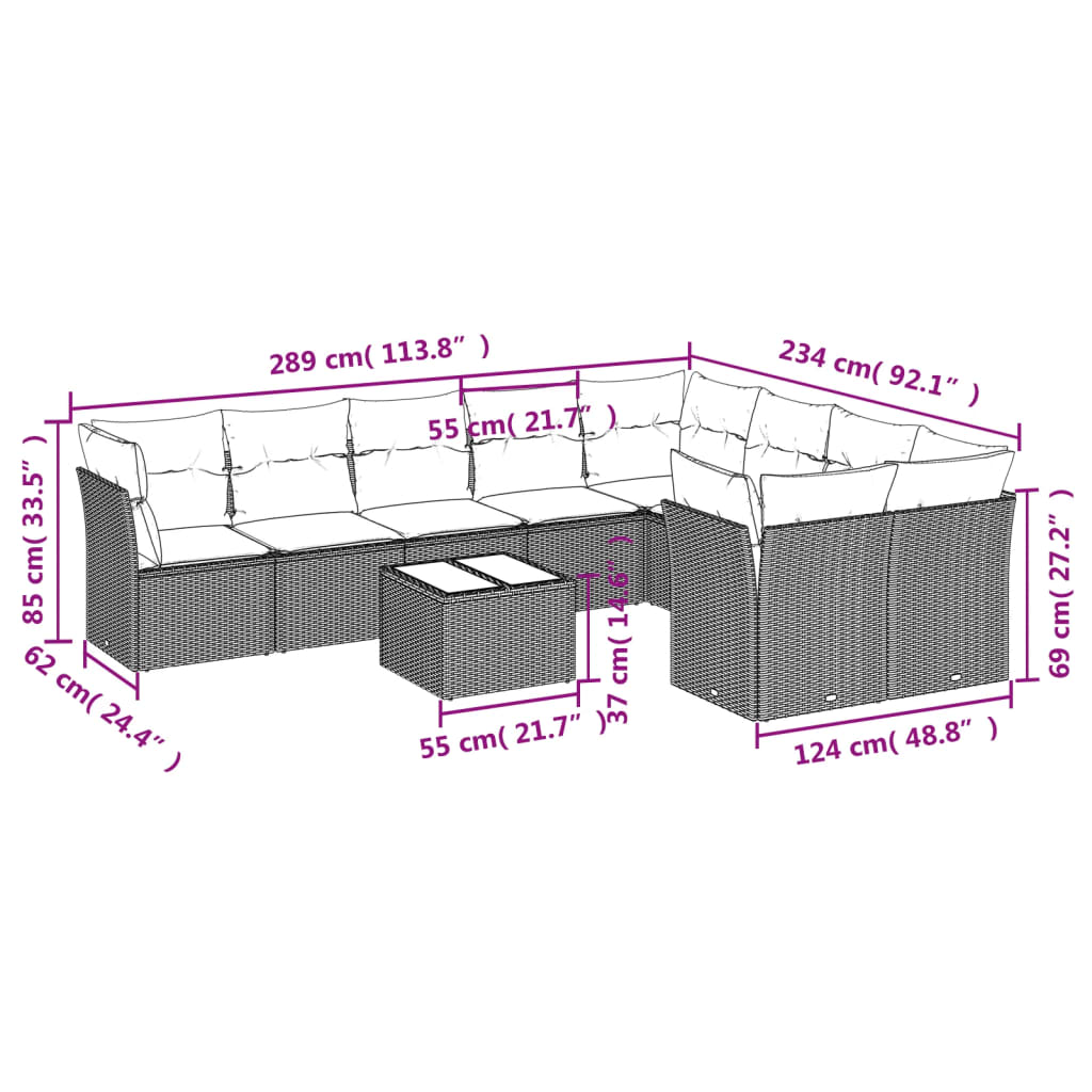 10-tlg. Garten-Sofagarnitur mit Kissen Schwarz Poly Rattan