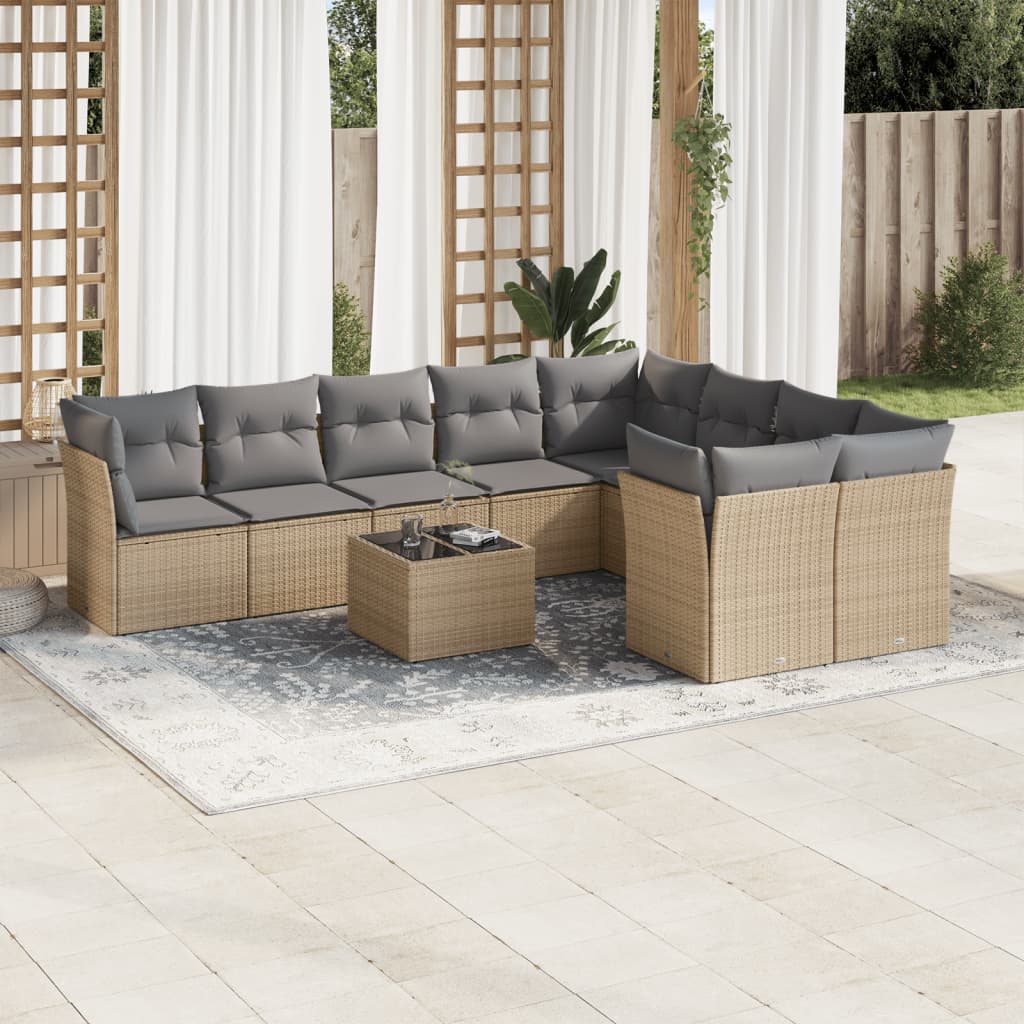 10-tlg. Garten-Sofagarnitur mit Kissen Beige Poly Rattan