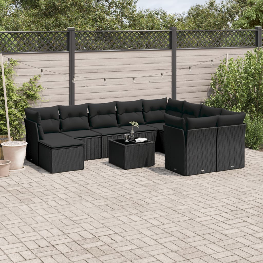 10-tlg. Garten-Sofagarnitur mit Kissen Schwarz Poly Rattan