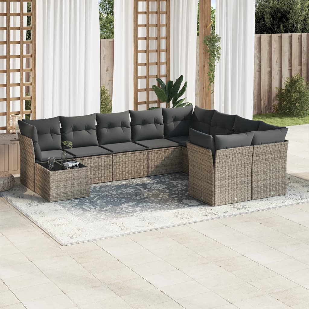 10-tlg. Garten-Sofagarnitur mit Kissen Grau Poly Rattan