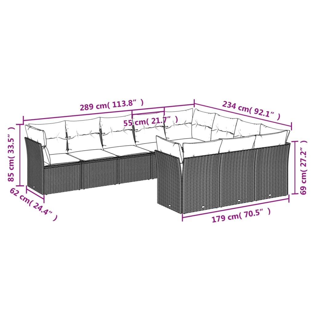 10-tlg. Garten-Sofagarnitur mit Kissen Grau Poly Rattan