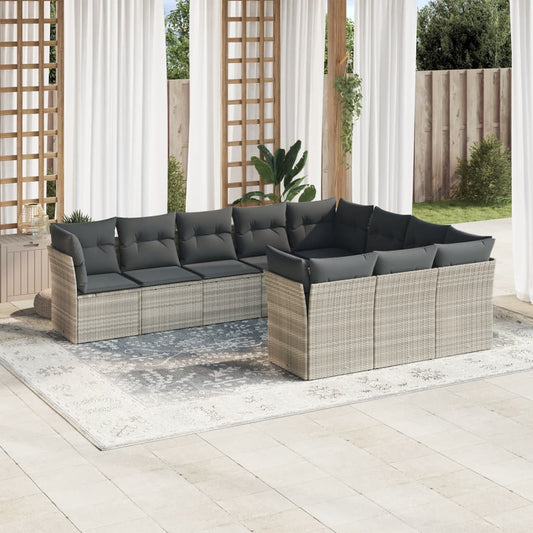 10-tlg. Garten-Sofagarnitur mit Kissen Hellgrau Poly Rattan