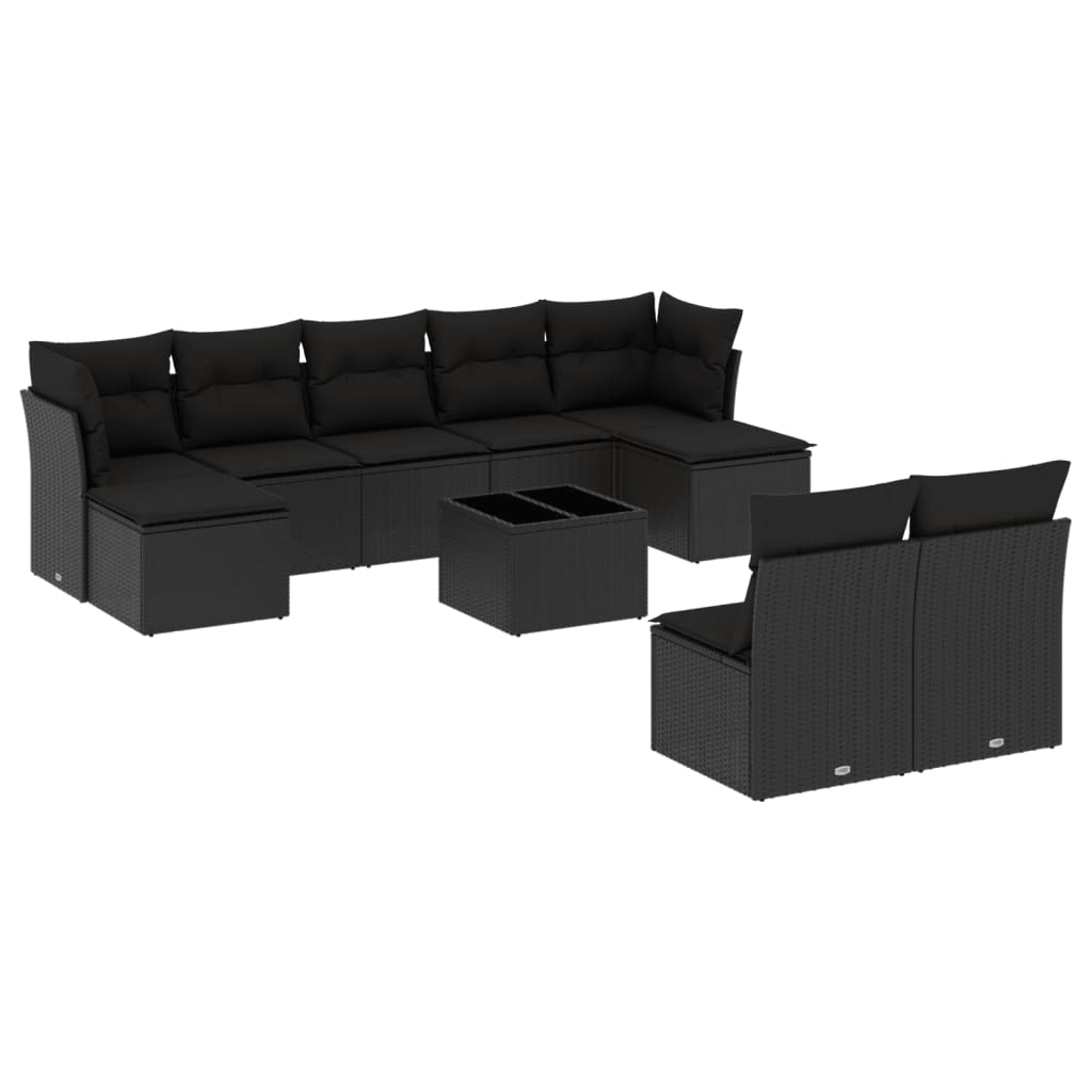 10-tlg. Garten-Sofagarnitur mit Kissen Schwarz Poly Rattan