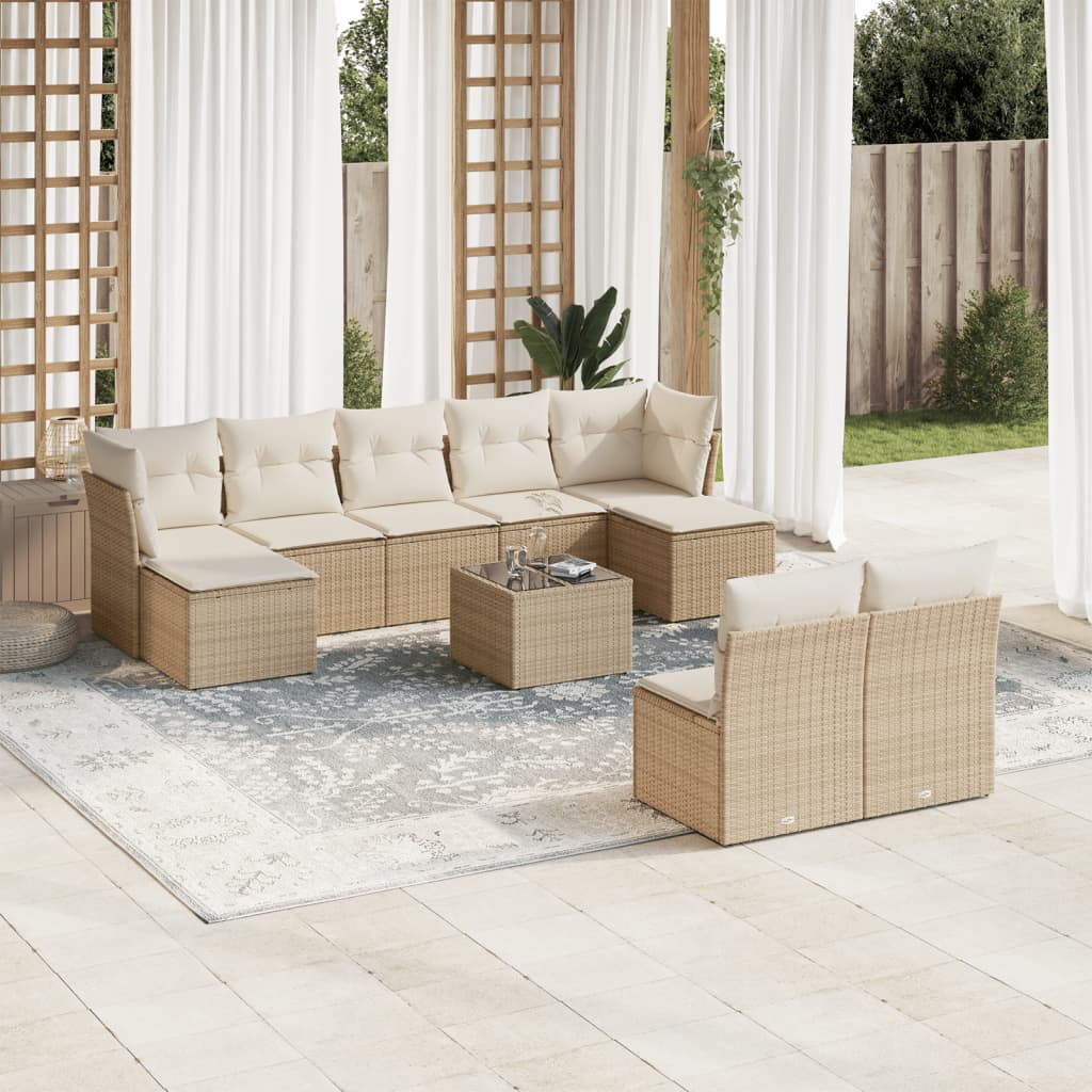 10-tlg. Garten-Sofagarnitur mit Kissen Beige Poly Rattan